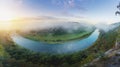 Panoramic morning aerial view of Elbe River with mist near Rathen and Bastei Bridge (Basteibrucke) - Saxony, Germany