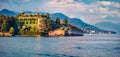 Panoramic morning cityscape of Bella island, Stresa town. Beautiful summer scene of Maggiore lake, Province of Verbano-Cusio-Ossol Royalty Free Stock Photo