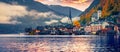 Panoramic morning cityscape of Hallstatt village, in Austria`s mountainous Salzkammergut region, Austria.