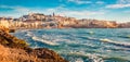 Panoramic morning cityscape of Vieste town. Amazing summer cescape of Adriatic sea,