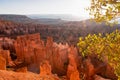 Panoramic morning sunrise view on sandstone hoodoo rock formation of Thor hammer in amphitheatre of Bryce Canyon National Park