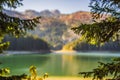 Panoramic morning view of Black Lake Crno Jezero. Calm summer scene of Durmitor Nacionalni Park, Zabljak location Royalty Free Stock Photo