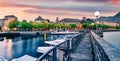 Panoramic morning view of Como city. Magnificent summer scene of Como lake. Wonderful scenic lansdscape of Italy, Europe. Royalty Free Stock Photo