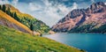 Panoramic morning view of Fedaia lake. Colorful summer scene of Dolomiti Alps Royalty Free Stock Photo