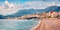 Panoramic morning view of Himare town. Stunning spring seascape of Adriatic sea.