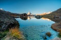 Panoramic morning view of Lake Stellisee with the Matterhorn Cervino Peak in the background. Impressive autumn scene of Royalty Free Stock Photo