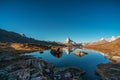 Panoramic morning view of Lake Stellisee with the Matterhorn Cervino Peak in the background. Impressive autumn scene of Royalty Free Stock Photo