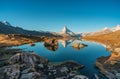 Panoramic morning view of Lake Stellisee with the Matterhorn Cervino Peak in the background. Impressive autumn scene of Royalty Free Stock Photo