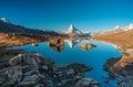 Panoramic morning view of Lake Stellisee with the Matterhorn Cervino Peak in the background. Impressive autumn scene of Royalty Free Stock Photo