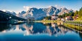 Panoramic morning view of Misurina village, National Park Tre Cime di Lavaredo, Location Auronzo, Dolomiti Alps, South Tyrol, Ital Royalty Free Stock Photo