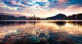 Panoramic morning view of Pilgrimage Church of the Assumption of Maria. Breathtaking autumn scene of Bled lake, Julian Alps, Slove