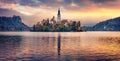 Panoramic morning view of Pilgrimage Church of the Assumption of Maria. Fantastic autumn scene of Bled lake, Julian Alps, Slovenia Royalty Free Stock Photo