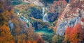 Panoramic morning view of pure water waterfall in dyyp canyon. Awesome autumn scene of Plitvice National Park, Croatia, Europe. Be Royalty Free Stock Photo