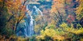 Panoramic morning view of pure water waterfall in Plitvice National Park. Amazing autumn scene of Croatia, Europe. Abandoned place Royalty Free Stock Photo