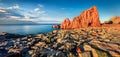 Panoramic morning view of Red Rocks Beach, Arbatax. Amazing spring seascape of Mediterranean sea. Royalty Free Stock Photo