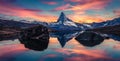 Panoramic morning view of Stellisee lake with Matterhorn Cervino peak on background. Astonishing autumn scene of Swiss Alps, Zer Royalty Free Stock Photo