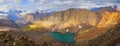 Panoramic mountain landscape, Altai. Lake in a deep gorge, colored rocks, morning light