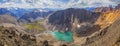 Panoramic mountain landscape, Altai. Lake in a deep gorge, colored rocks. Summer travel in the mountains Royalty Free Stock Photo