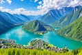 Panoramic mountain landscape of Hallstatt lake at sunny day in Austrian Alps, Salzkammergut region. made Royalty Free Stock Photo
