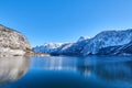 Panoramic mountain landscape of Hallstatt lake at sunny day in Austrian Alps, Salzkammergut region Royalty Free Stock Photo