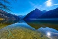 Panoramic mountain landscape of Hallstatt lake at sunny day in Austrian Alps, Salzkammergut region Royalty Free Stock Photo