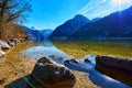 Panoramic mountain landscape of Hallstatt lake at sunny day in Austrian Alps, Salzkammergut region Royalty Free Stock Photo