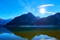 Panoramic mountain landscape of Hallstatt lake at sunny day in Austrian Alps, Salzkammergut region Royalty Free Stock Photo