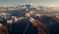 Panoramic mountain range, majestic peak, tranquil sunset, aerial adventure generated by AI Royalty Free Stock Photo