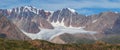 Panoramic mountain view. Rocky peaks, glaciers, treeless