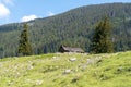 Panoramic mountain view with a small cabin