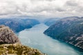 Panoramic mountain view to the long narrow and blue Lysefjord, Prekestolen hiking trail, Forsand, Rogaland county, Norway