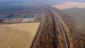 Panoramic Moving Freight Train Along Railway Tracks, Trees Agricultural Fields