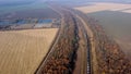 Panoramic Moving Freight Train Along Railway Tracks, Trees Agricultural Fields