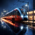 Panoramic night scene Platform welcomes modern train at bustling station view
