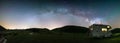 Panoramic night sky over Montelago highlands, Marche, Italy. The Milky Way galaxy arc and stars over illuminated camper van.