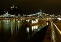 Night view of brightly lit Liberty bridge in Budapest