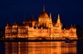 Night panorama of the Hungarian Parliament in Budapest at blue hour Royalty Free Stock Photo