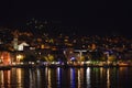 Panoramic night view of Makarska city center