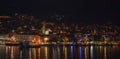 Panoramic night view of Makarska city center from the sea in Makarska, Croatia on June 16, 2019.