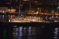 Panoramic night view of Makarska city center from the sea in Makarska, Croatia on June 16, 2019.