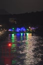 Panoramic night view of Makarska city center from the sea in Makarska, Croatia on June 16, 2019.