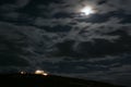 Panoramic night view of the remains of a Greek temple dedicated to Poseidon, on the cape of Cape Sunio, located on the southern