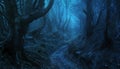 Panoramic night view of scary dark forest, magical and spooky woods Royalty Free Stock Photo