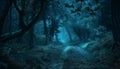 Panoramic night view of scary dark forest, magical and spooky woods Royalty Free Stock Photo