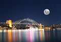 Panoramic night view of Sydney Harbour and City Skyline with a Sturgeon full Moon NSW Australia Royalty Free Stock Photo