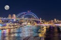 Panoramic night view of Sydney Harbour and City Skyline with a Sturgeon full Moon NSW Australia Royalty Free Stock Photo