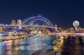 Panoramic night view of Sydney Harbour and City Skyline with a Sturgeon full Moon NSW Australia Royalty Free Stock Photo