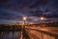 Panoramic nightscape above at Charles Bridge Prague Castle and river Vltava Prague Czech Republic Royalty Free Stock Photo