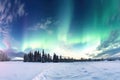 panoramic northern lights over a peaceful snowy landscape