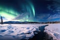 panoramic northern lights over a peaceful snowy landscape